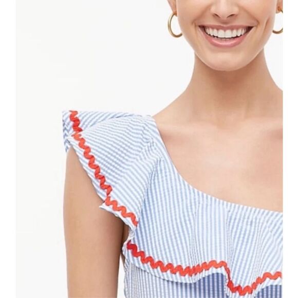 NEW WITH TAGS WOMEN *NEW* J.Crew Blue White Seersucker ONE- SHOULDER RUFFLE Stri - Picture 3 of 11